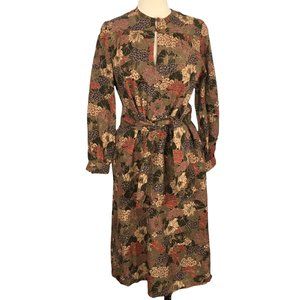 A.S. Casuals Brown Floral Sheath Dress with‎ Sash and Headscarf, sz 14